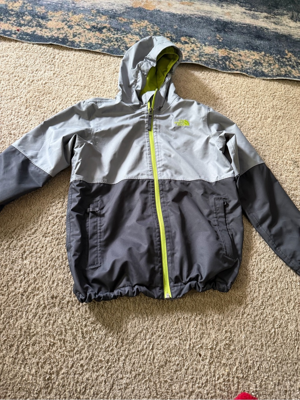The North Face Kids Two-Tone Gray and Charcoal Rain Jacket with Lime Accents